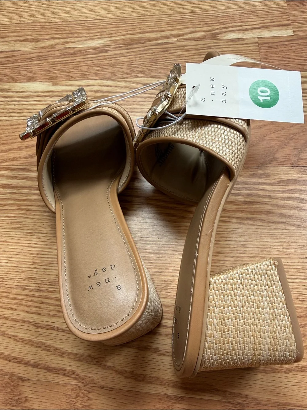 NWT A New Day Tan Raffia Rhinestone Buckle Block Heel Mules Size 10